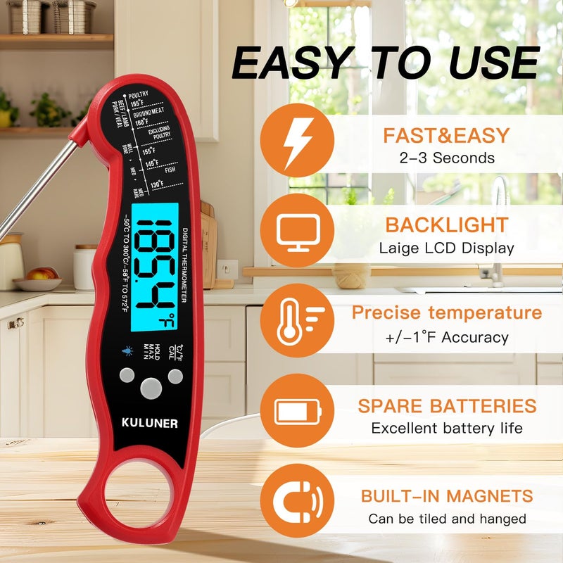 KULUNER TP-01 Waterproof Digital Instant Read Meat Thermometer with 4.6 Folding Probe Backlight Calibration Function for Cooking Food Candy, BBQ Grill, Liquids,Beefï¼ˆRedï¼‰ - Image 2
